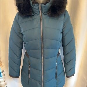 Laundry By Shelli Segal Teal Puffer Jacket with Black Faux Fur
